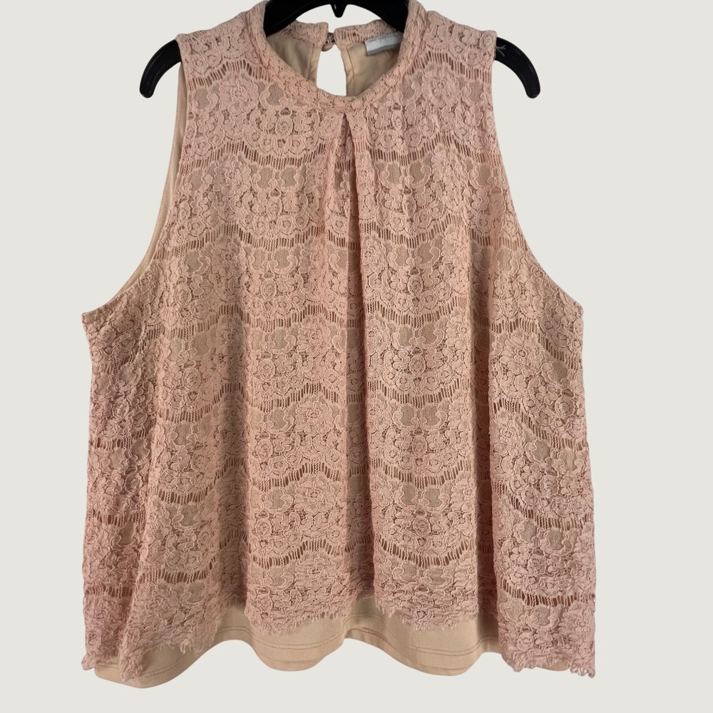 New York & Company Pink Lace Sleeveless Mock Neck Blouse XL Floral Keyhole Back